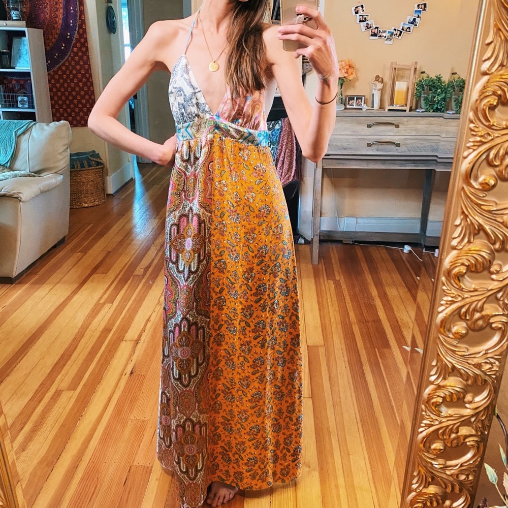 Vintage 100% Silk Y2k Patchwork Backless Halter G… - image 6